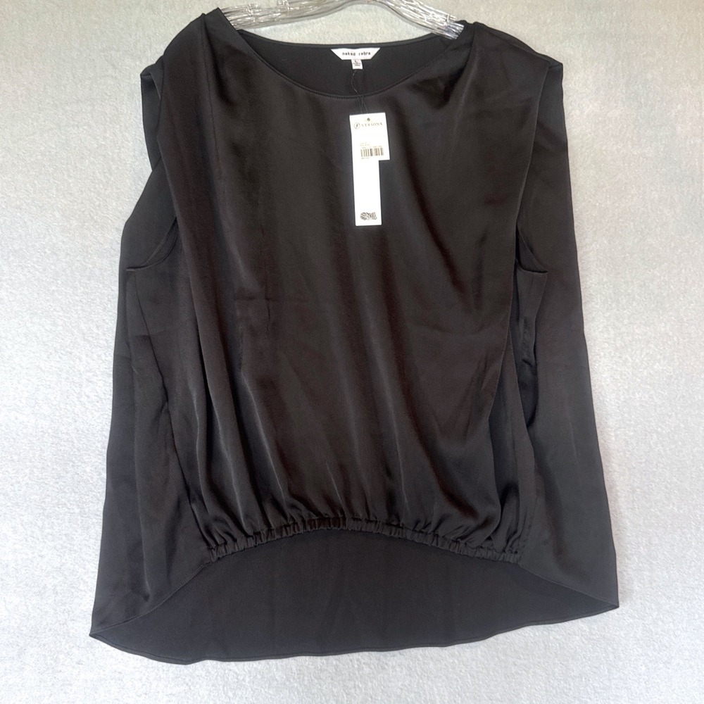 Versona Naked Zebra Womens Black Sleeveless Draped Satin Blouse NWT Large